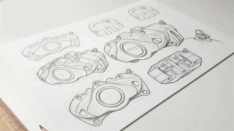 Conceptual industrial design sketch of a brake caliper showing organic fluid lines and internal cooling channels